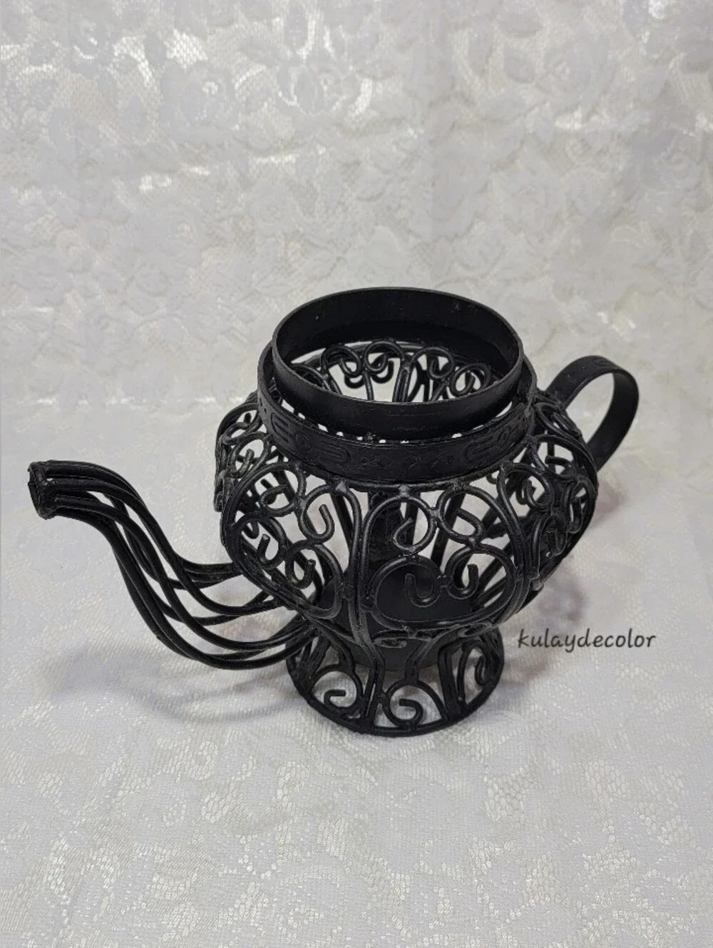 Filigree Style Wrought Iron Teapot Lantern Candle Holder Black Scroll Home Decor